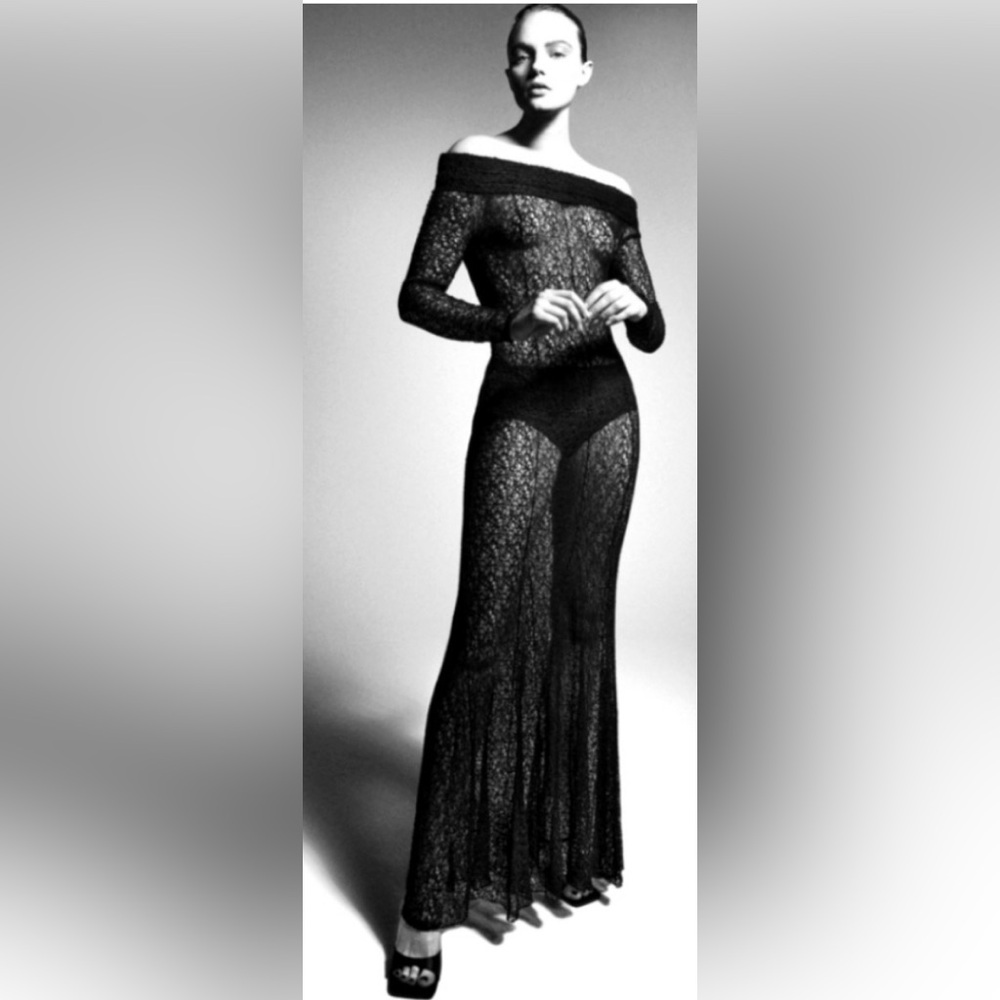 Zara Bodycon Lace Maxi Dress NWT Sexy Black Slinky Off-the-Shoulder Stretchy M/L